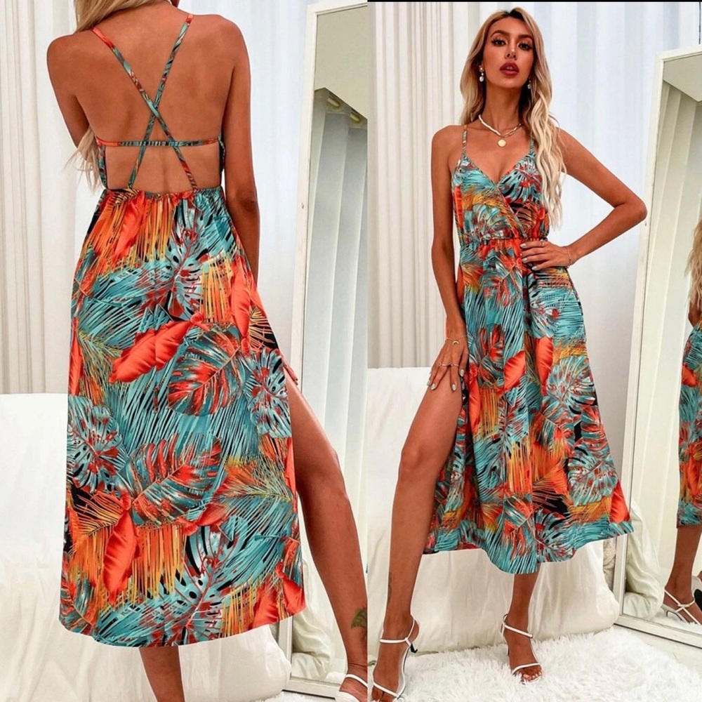 Backless strappy cami thigh slit boho tropical leaf print maxi dress orange blue - Picture 2 of 2
